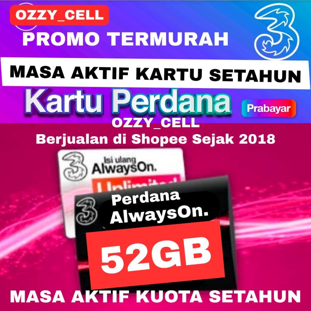 Kartu Perdana Tri Aon 52GB Prabayar 4G 5G | Masa Aktif Setahun PROMO