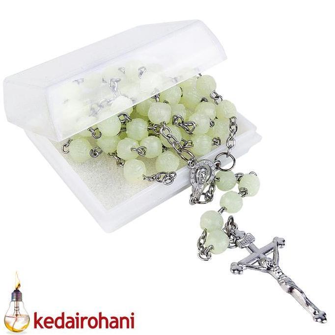:::::::] Kalung Rosario Maria Manik Fosfor Motif Mawar 6 mm Harces Salib Logam