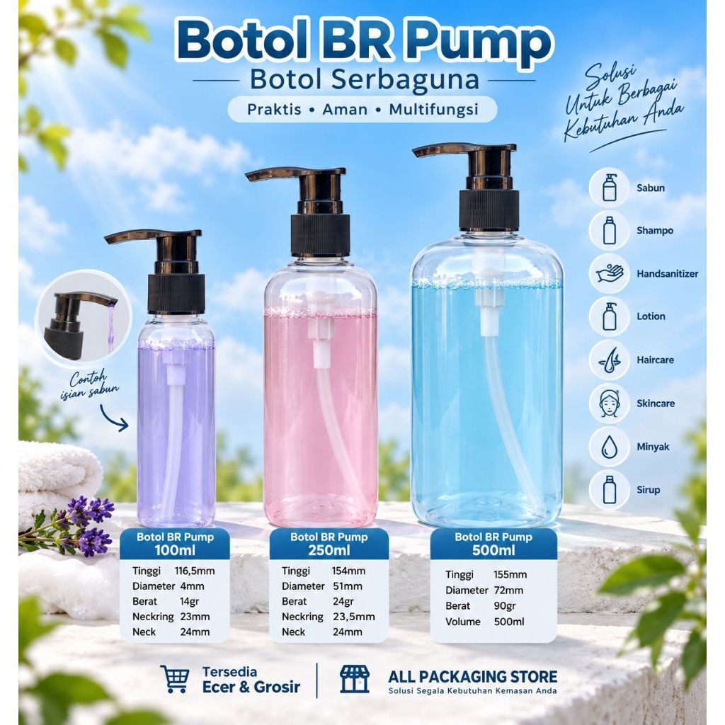 Botol BR Plastik PET Tutup Screw Aluminum Silver / Pump / Spray - 100ml 250ml 500ml | Clear Transpar