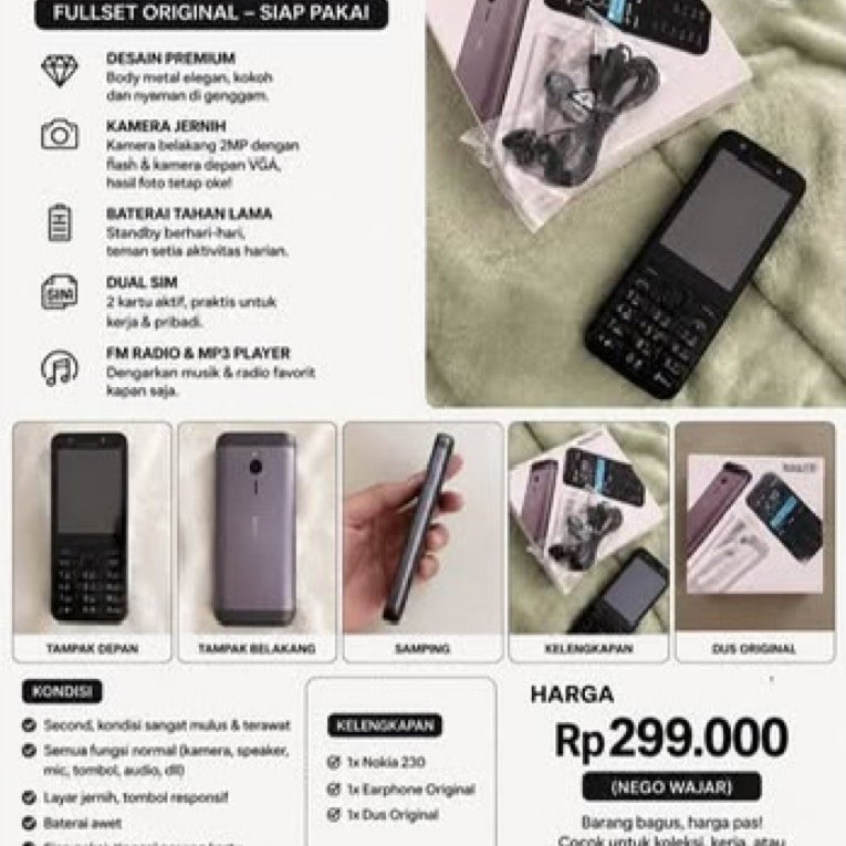 HP Nokia 230 Dual SIM Layar Jernih dengan Tombol Fisik Set Lengkap dengan Earphone dan Dus
