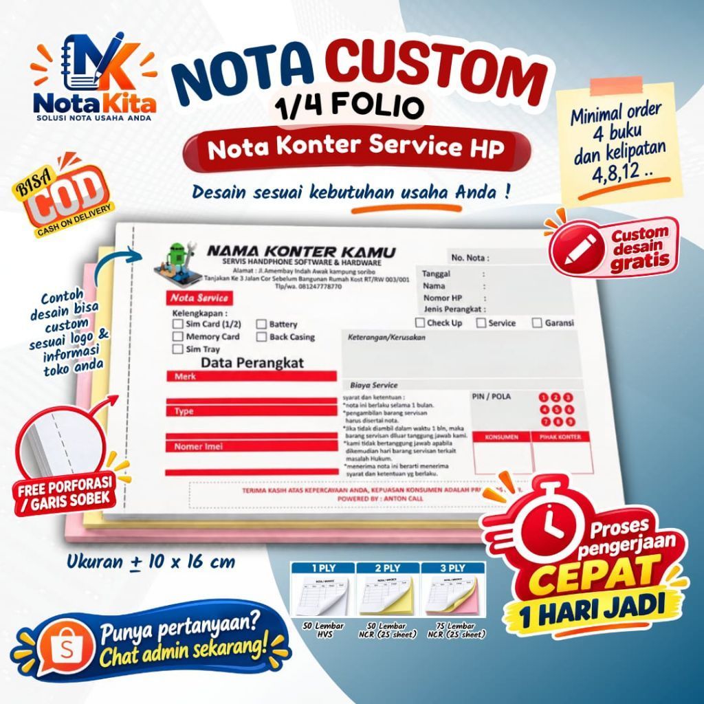 Cetak Nota konter nota service hp custom nama konter sendiri nota servis ponsel NOTA KITA