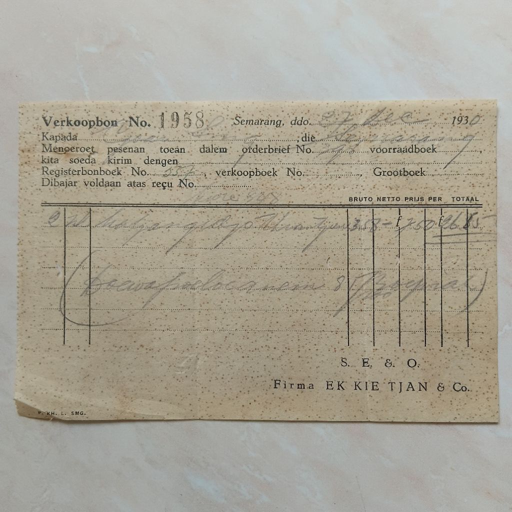 Koleksi Dokumen Arsip Perdagangan Kuno Tua Nota Pengiriman Brg 1930 Firma Ek Kie Tjan era Hindia Bel
