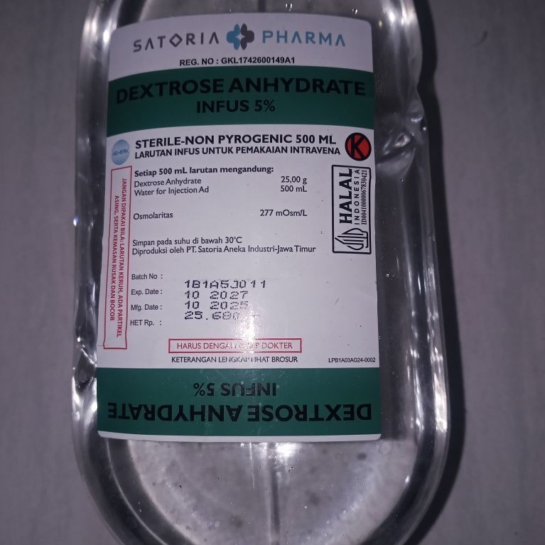 SATORIA PHARMA Dextrose Anhydrate Infus 5% 500 mL Larutan Infus untuk Pemakaian Intravena Halal