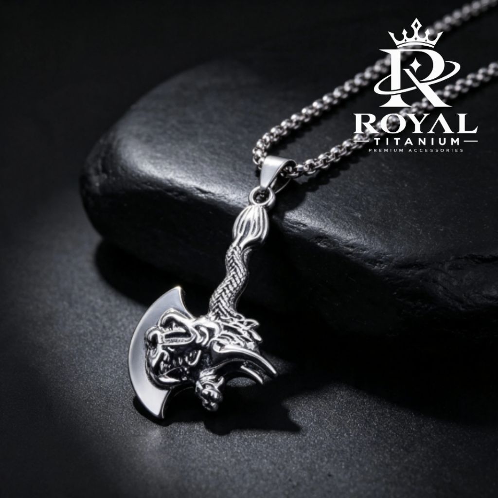 Kalung Pria Liontin Kapak Naga Titanium Anti Karat Perak Fashion Pria Keren Terbaru