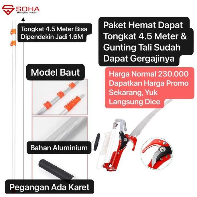 Pilihan - Tongkat Teleskopik Galah Panjang Petik Buah Dengan Gunting Tali Dapat Gergaji Pemotong Dah