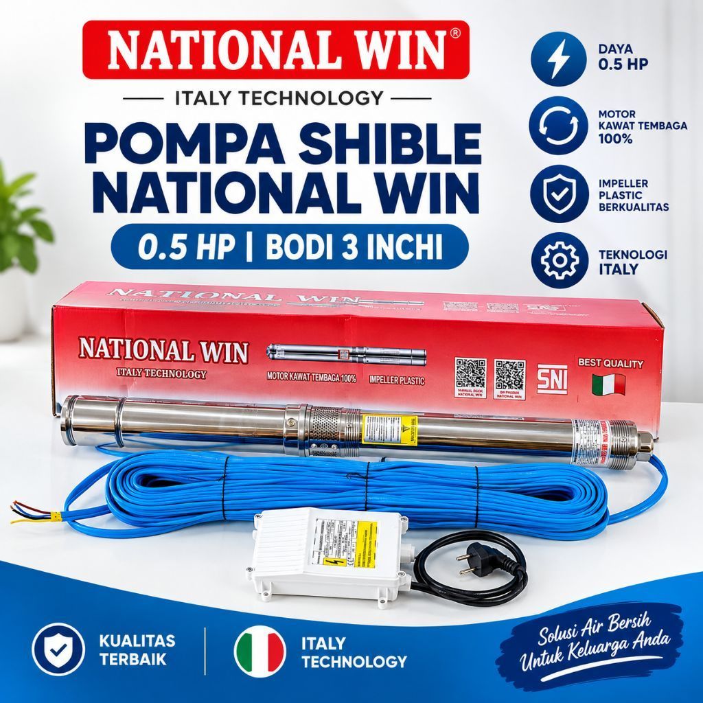 Pompa satelit submersible pump national win 0,5hp casing 3"+controlbox+kabel