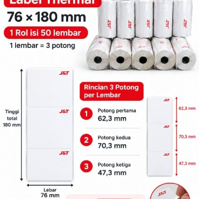 KERTAS LABEL THERMAL STIKER JNT EXPRESS 76 × 180 MM. ISI 50×3 = 150 POTONG