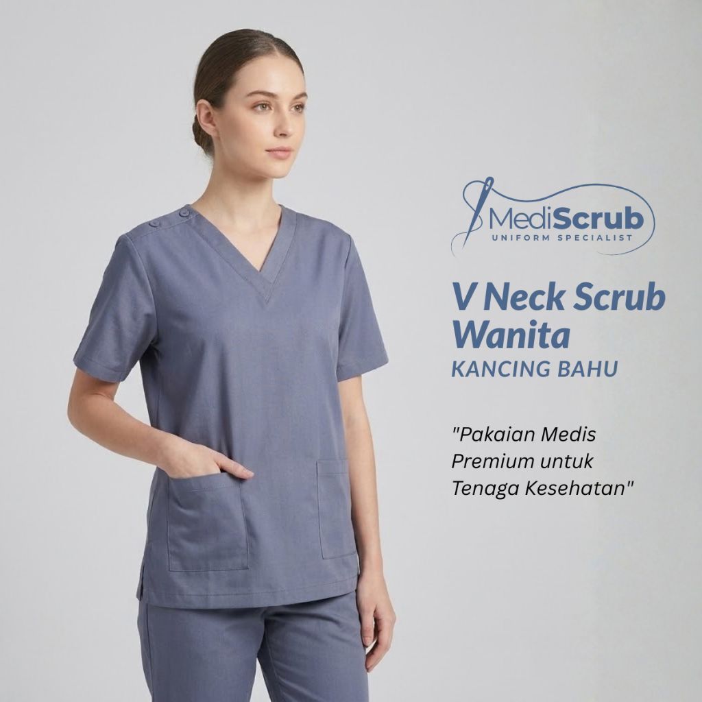 MediScrub Baju Scrub Wanita V Neck Kancing Bahu – Pakaian Medis Premium Tenaga Kesehatan