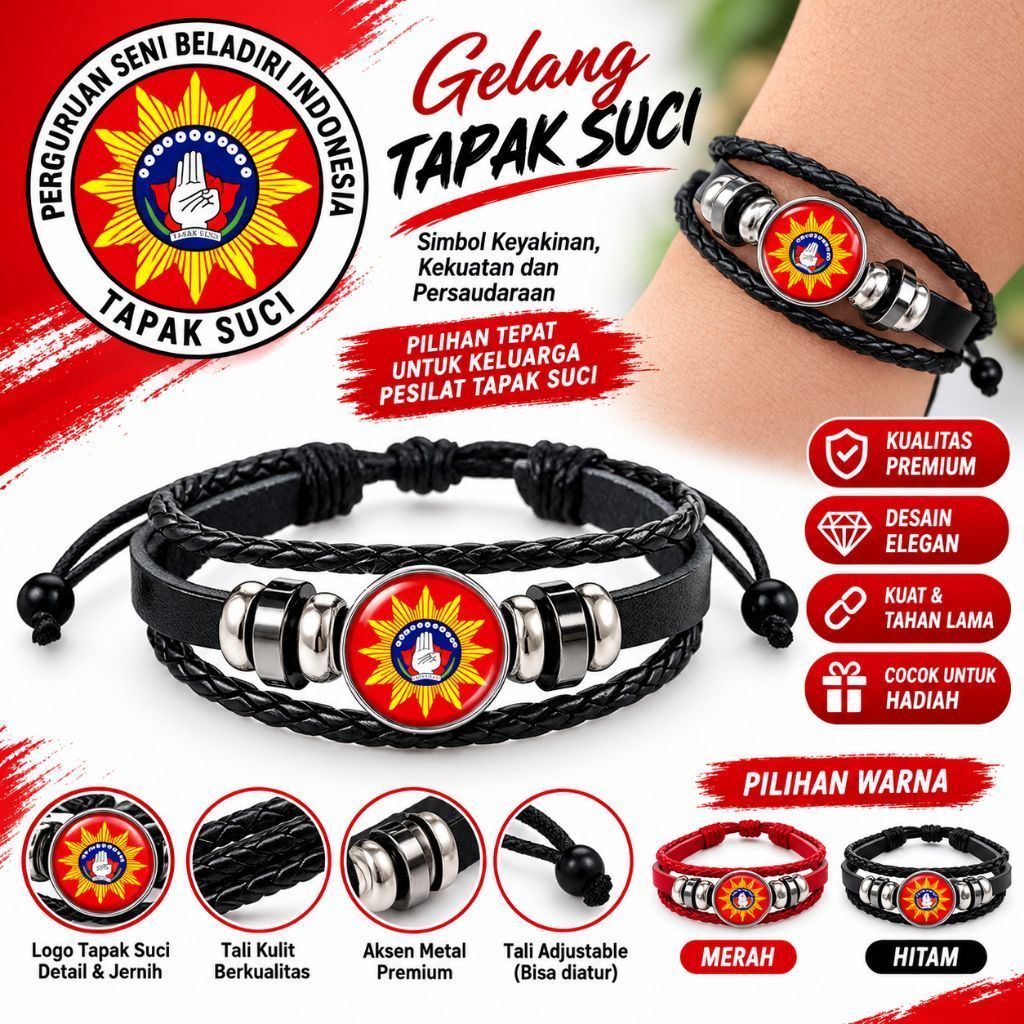 Gelang Tapak Suci Pria Wanita | Gelang Tali Kulit Rajut Emblem Tapak Suci | Gelang Aksesoris Keren &