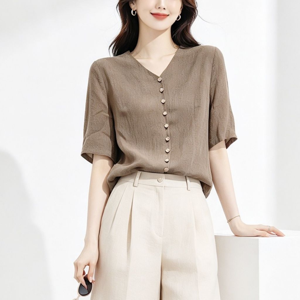 atasan wanita basic kancing mutiara korea style