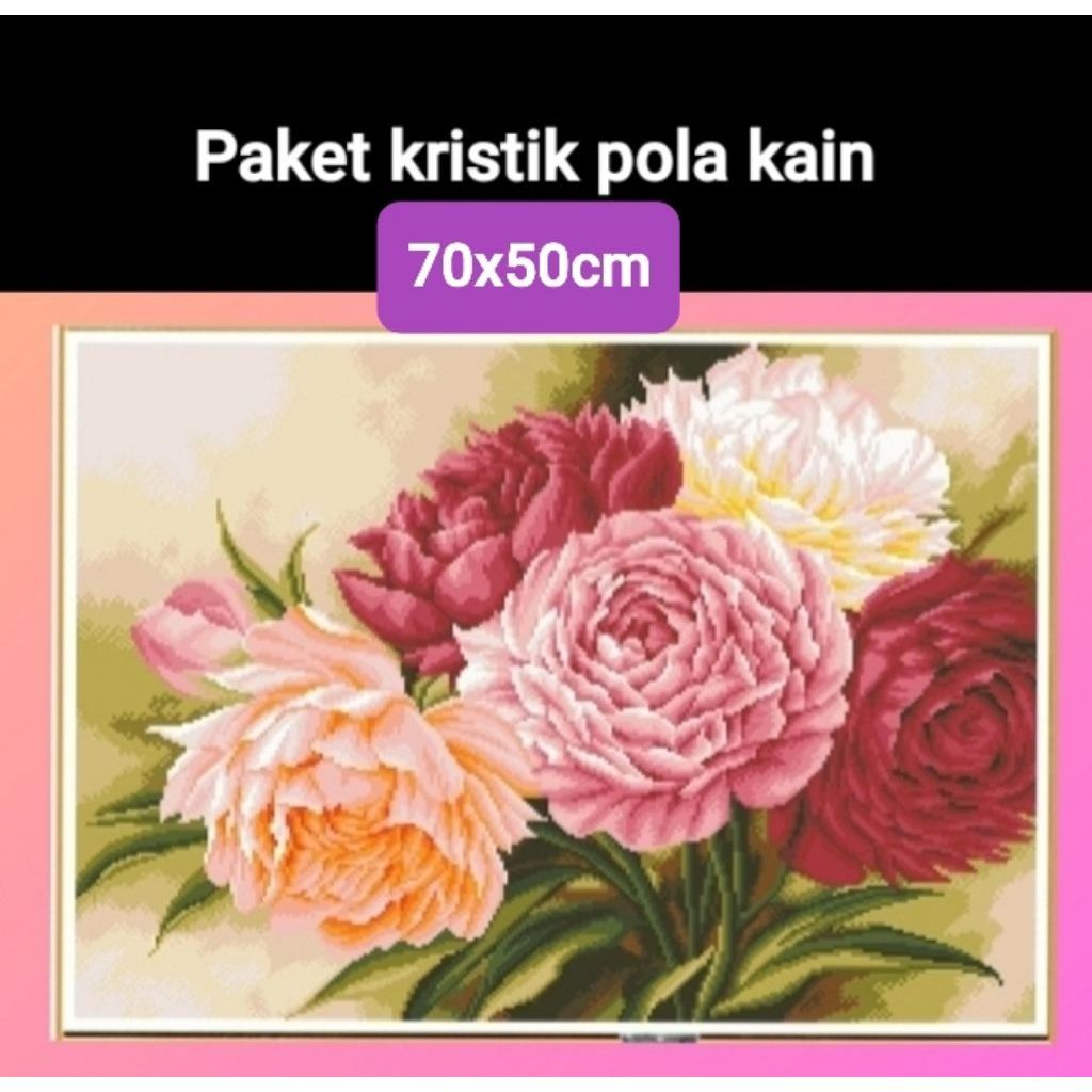 DIY Paket Kristik Bunga Peoni Mawar Full Cross Stitch Pola Kain