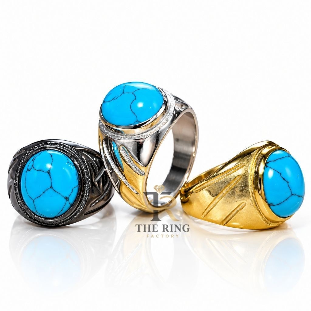 Cincin Batu Akik Pirus Turquoise Persia Iran Ring Titanium Anti Karat