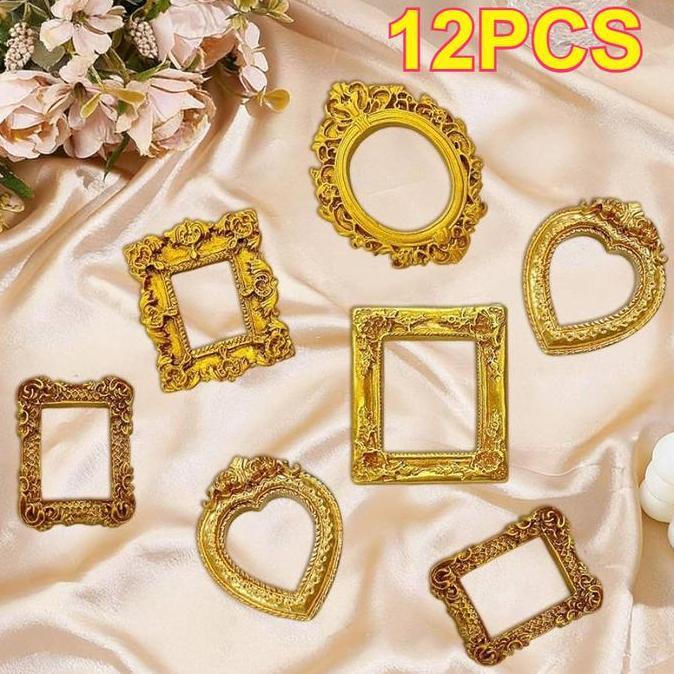 FYODORU 12pcs Frame Foto Mini Vintage Emas Bingkai Foto Mini Resin Emas Retro Hiasan DIY Bingkai Fot
