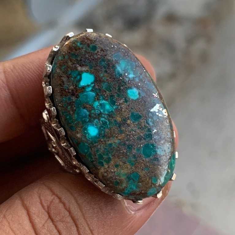 cincin batu akik pirus Persia serat emas badar perak jumbo natural alami 100%