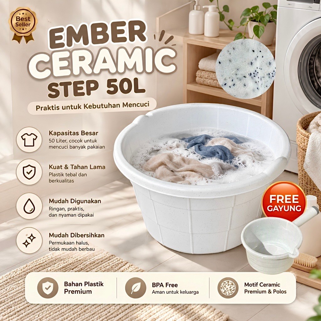 Bak Ember bulat Tinggi 50 Liter Ceramic - Hanoya Living / bak USA Step / bak ikan / ember ikan / bak