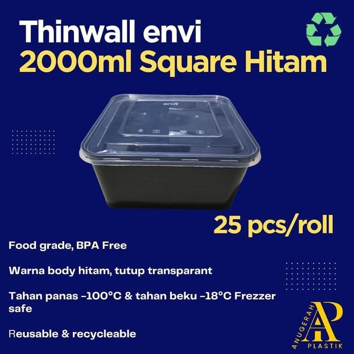 THINWALL HITAM 2000 ML SQUARE + TUTUP MEREK ENVI PREMIUM HARGA 200 PCS