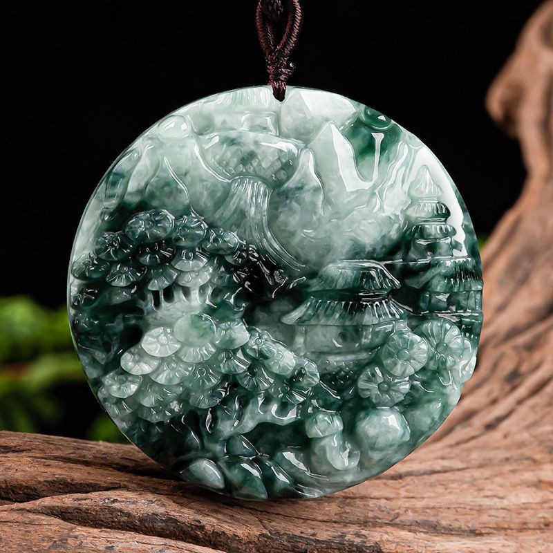 Alami a Kalung Liontin Lanskap Bunga Mengapung Dua Sisi Jade Perhiasan Jade Es Liontin Jade