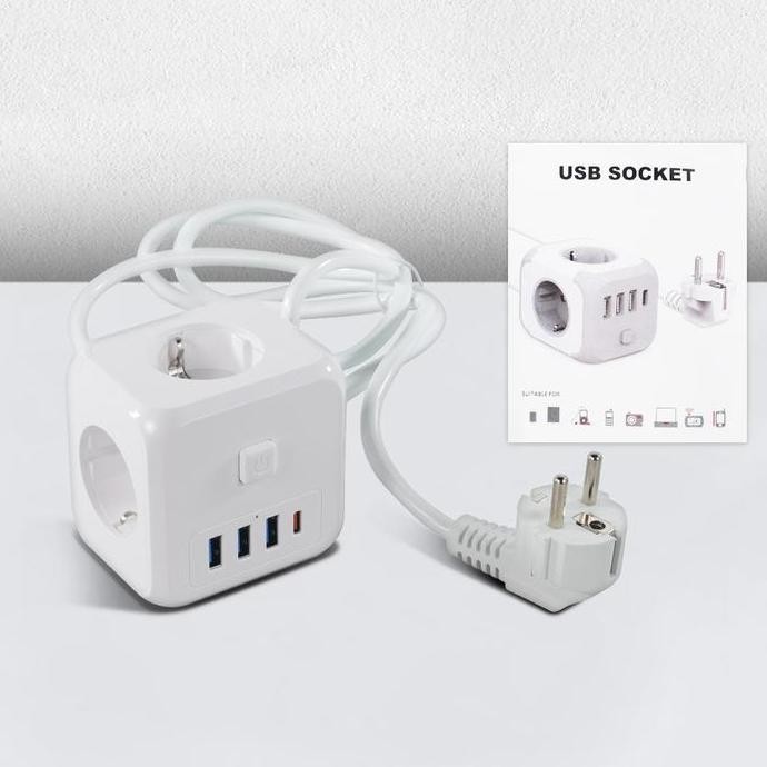 Stop Kontak 3 Colokan Listrik Ac Power 7 In 1 Multifungsi 3 Usb 1 Type C Port Wall Cube Socket Eu Pl