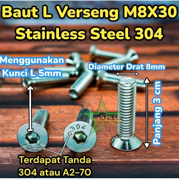 populer] BAUT L VERSENG M8x30 STAINLESS STEEL 304