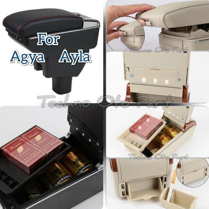 Armrest Console Box Daihatsu Ayla Dual Layer 7 Usb + Led Lht
