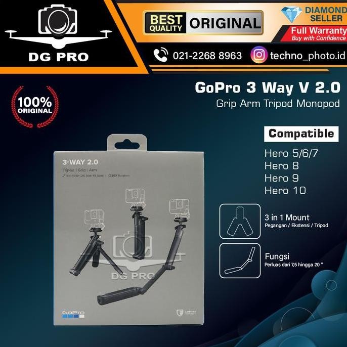 GoPro 3 Way V 2.0 Grip Arm Tripod Monopod 3Way Original Hero 9 Hero 10 LA