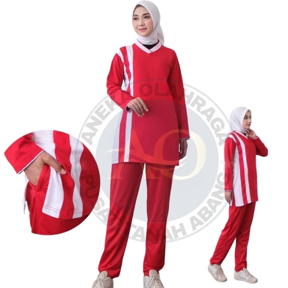 Iq45 Gjk-25 Setelan Olahraga Muslimah Wanita Warna Merah Putih Baju Lengan Panjang & Rok Sporty Nyam