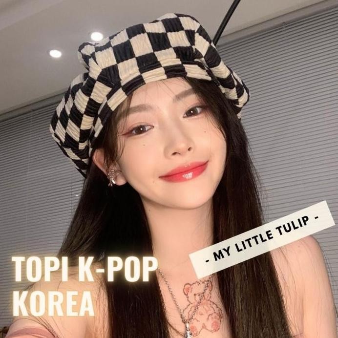 Topi Baret Artis Korea Motif Kotak2 Topi Size Besar Topi OOTD Hijab