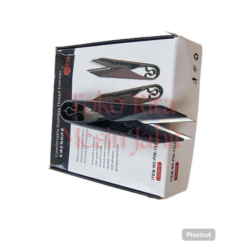 

Satu lusin isi 12 pcs gunting buang benang merk PIN1522 gagang plastik hitam