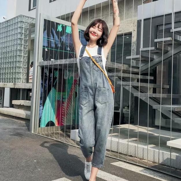 Overall Denim Panjang Jumpsuit Celana Panjang Jumpsuit Wanita Fashion Simple Lucu Jumpsuit Longgar V
