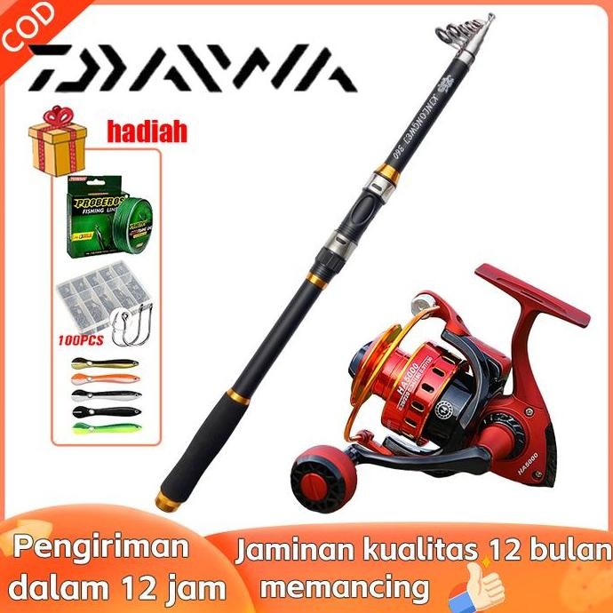 Set Pancing Daiwa Komplit | Telescopic Fishing Rod 2.1-3.6m + Reel 1000-7000 + Senar 100m + Umpan | 