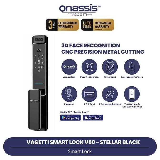Onassis Vagetti Smart Lock V80 Pro - Kunci Pintu Digital | Face Unlock 3D | Sidik Jari | App Control