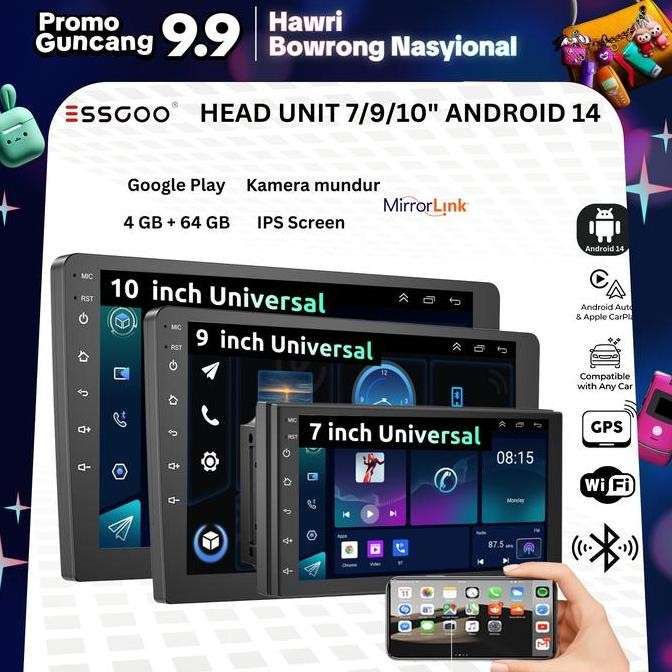 ESSGOO HEAD UNIT ANDROID 14 MOBIL 4G+64G  7/9/10 INCH 2 DIN KONTROL SUHU CERDAS IPS LAYER MOBIL NAVI