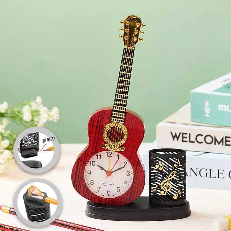 Jam Weker Alarm Gitar Kayu Tempat Pensil / Ada Serutan Pensil / Jam Meja Alarm aSt