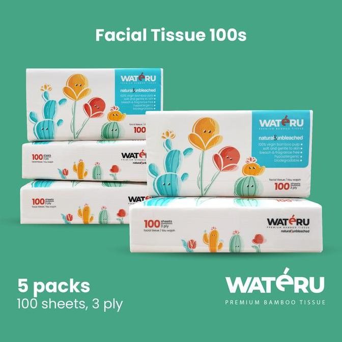 Wateru Facial Tissue 100S, 5 Packs, 100 Sheets, 3 Ply | Natural&Unbleached | Wateru Premium Bamboo T