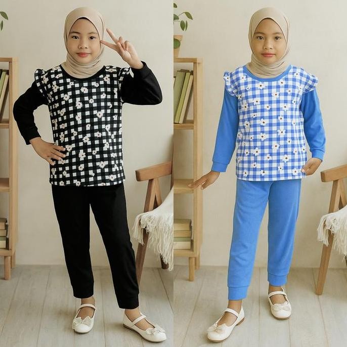 Setelan Celana One Set Anak Stella 856 Bahan Knit Japan Motif Kotak Bunga Allshop