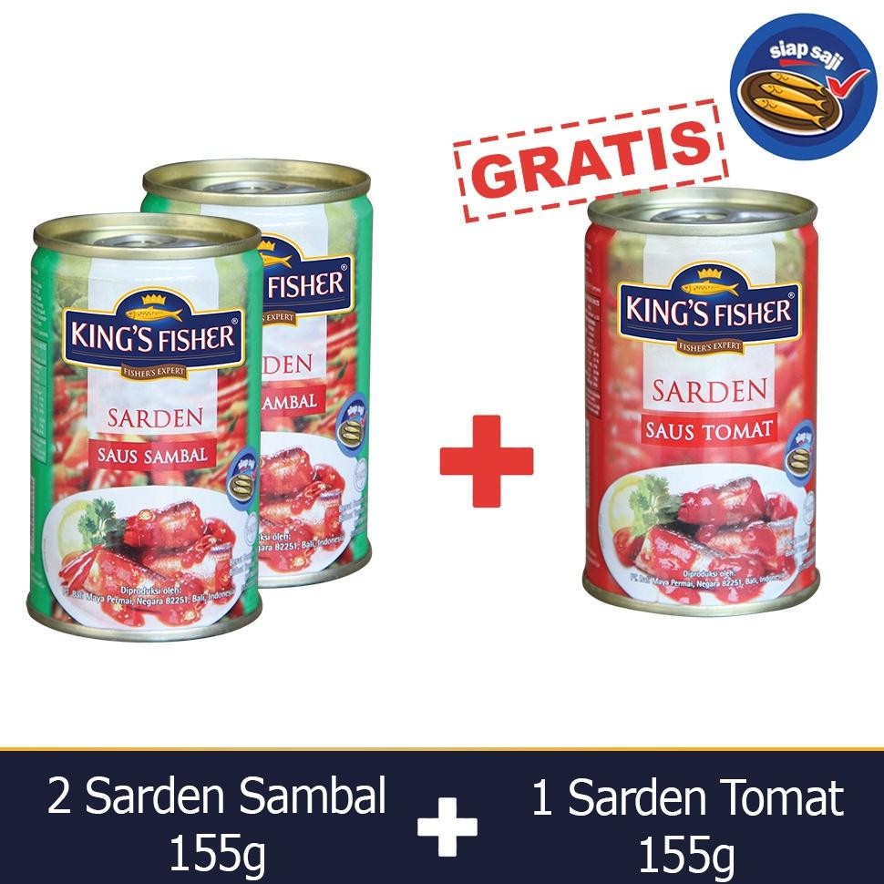 

TERMURAH Paket 2 gratis 1 King's Fisher Sarden saus sambal dan tomat Makanan Kaleng 155g Siap kirim