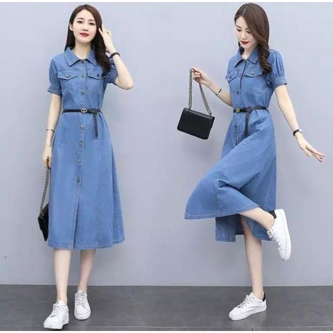 DRESS JEANS WANITA LENGAN PENDEK / LONG TUNIK JEANS WANITA LENGAN PENDEK ( FREE BELT ) Casual Baju P