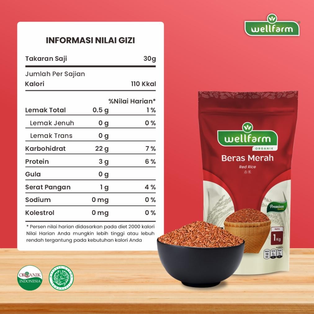 

Wellfarm Beras Merah Organik Export Quality 1Kg | Beras Merah Wangi Pulen Premium Pecah Kulit