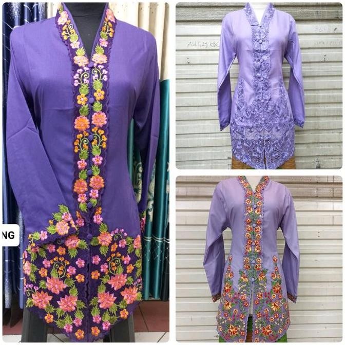 Kebaya Encim Lilac Bordir Katun Seragam Wanita Panjang