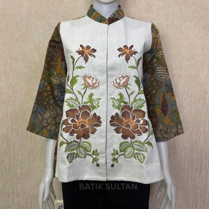 Atasan Blouse Batik Wanita Kain Katun Hand Print Kombinasi Linen Bordir Premium Elegan Lapisan Furin