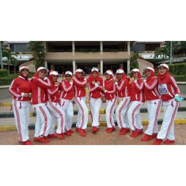Promo Koe-1116 Setelan Baju Senam Lapangan Training Merah Putih Hijab Cycling Fitness Muslim Olahrag