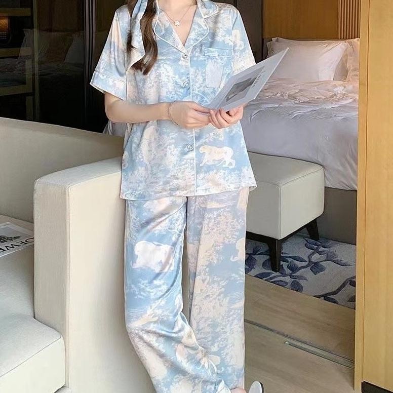 2025 Piyama Sutra Sutra Es Tie-Dye Baru Piyama Wanita Sutra Manis Dan Indah Angin Lengan Pendek Cela