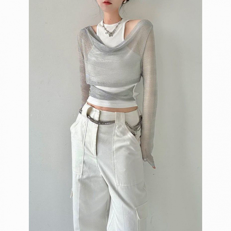 Chu RanCOD2025 Baru Gaya Amerika Rompi Kaos Atasan Dua Potong Wanita Slim Fit Mesh Lengan Panjang Ca