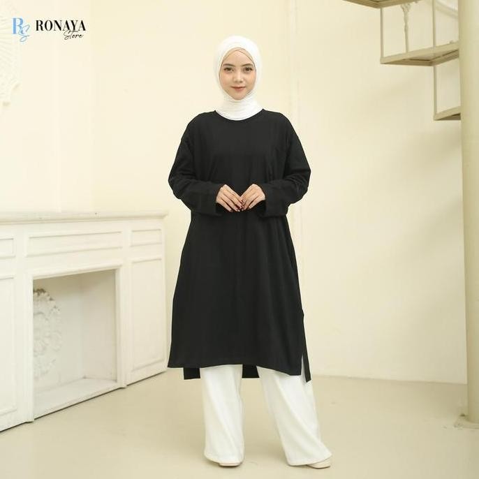 RONAYA LONG TUNIC OVERSIZE JUMBO KAOS POLOS ATASAN WANITA HIJAB FRIENDLY BAHAN KATUN COMBED Panjang 