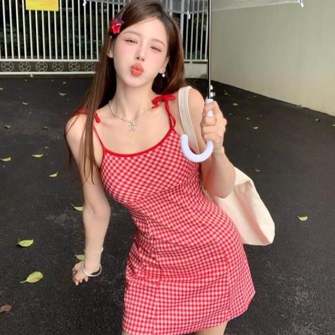 Newlan QZ186 Mini Dress Wanita Gaya Korea Casual Dress Gaun Bodycon Botton Sexy / Houndstooth Korea 