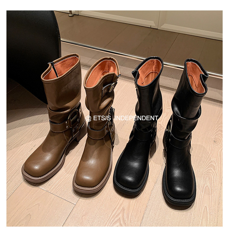 European and American Western Belt Buckle Mid-Calf Boots Women's Riding Boots Martin Boots