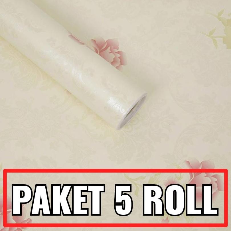 PAKET 5 ROLL Wallpaper Stiker Dinding Bunga Mawar Pink Dasar Cream Ukuran 45Cm X 10M Wallpaper Rika