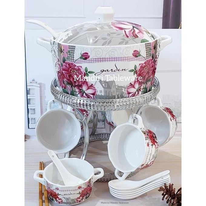Soup Tureen Set Keramik With Rack Fiorenza | Mangkok Sop | Motif Garden | Best Quality