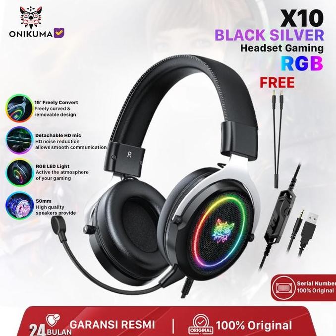 Onikuma Headset Gaming X10 Rgb Dengan Mic Depakat Hitam Silver Led Kualitas Tinggi Over-Ear 50Mm 20-