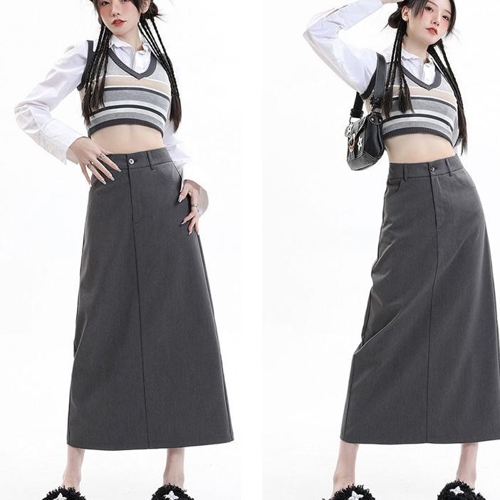 Rok Panjang Wanita Gaya Korea Pinggang Tinggi Rok Panjang Belahan Retro